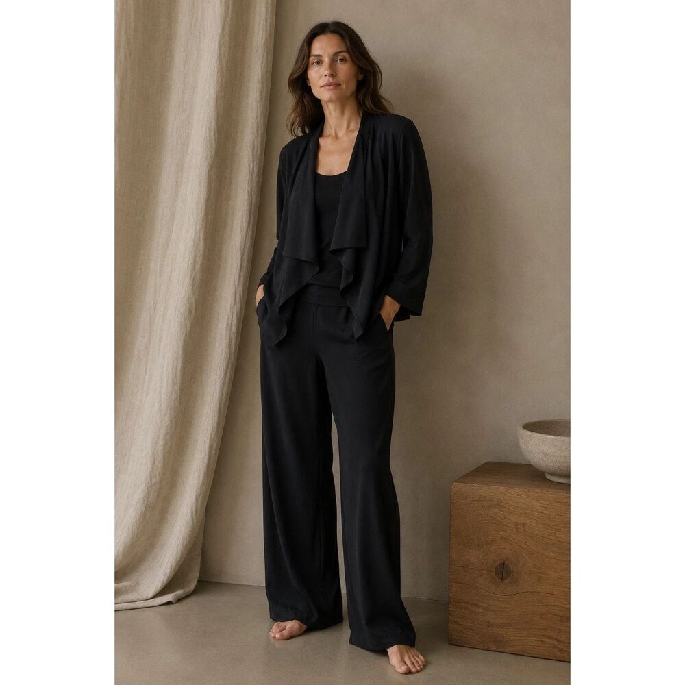 Eileen Fisher Black Silk Jacket Leather Trim Draped Open Front Size M